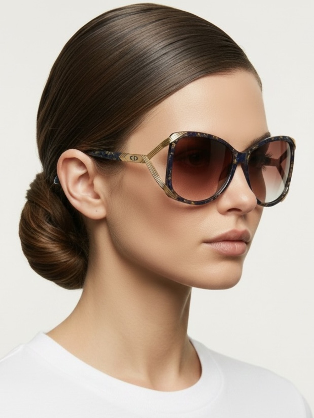 Dior 2606 Sunglasses VTG 1980s Deadstock Full Set Oversized Butterfly Blue Gold